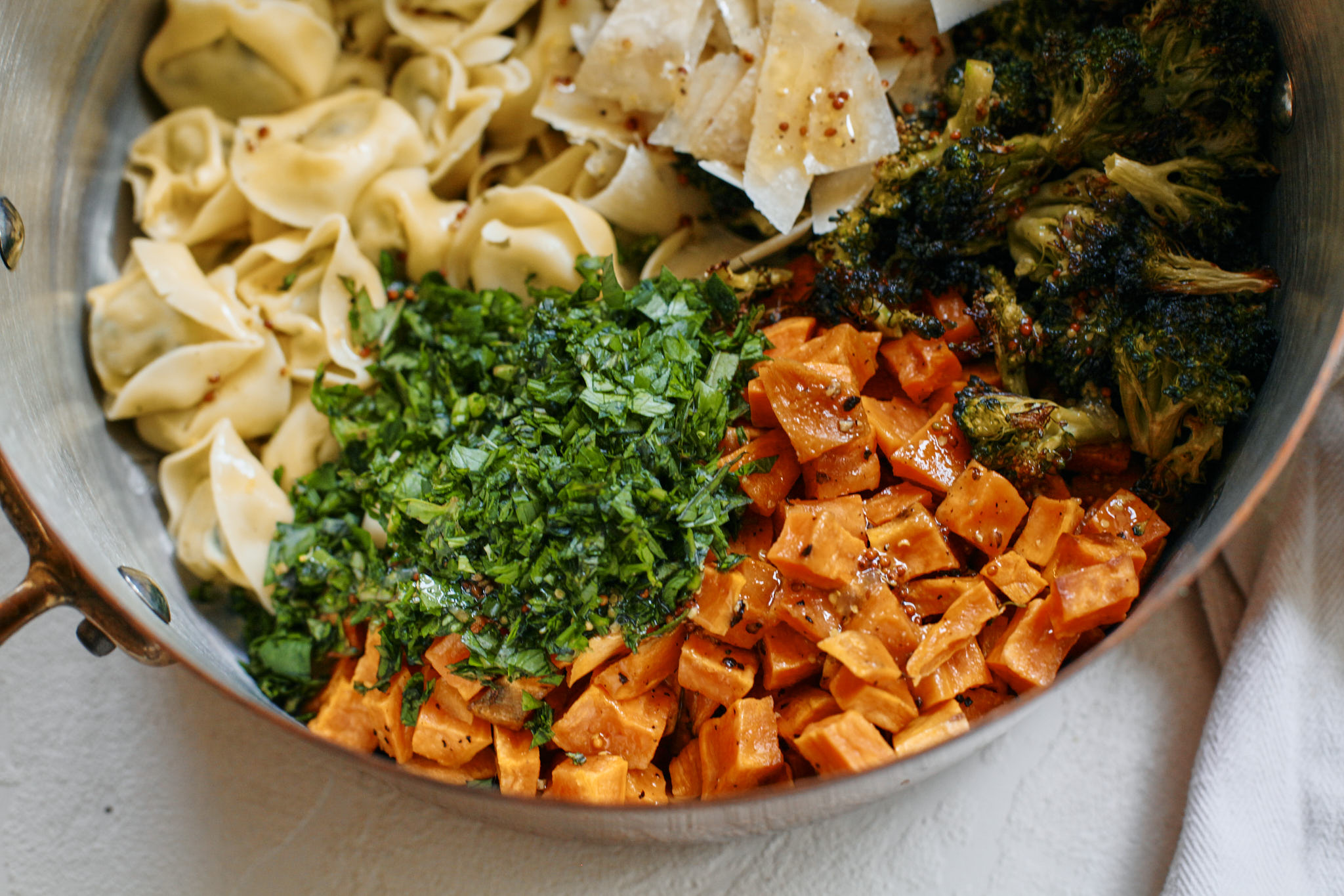 Winter Veggie Pasta Salad 8 assembling the warm rustic tortellini bowl