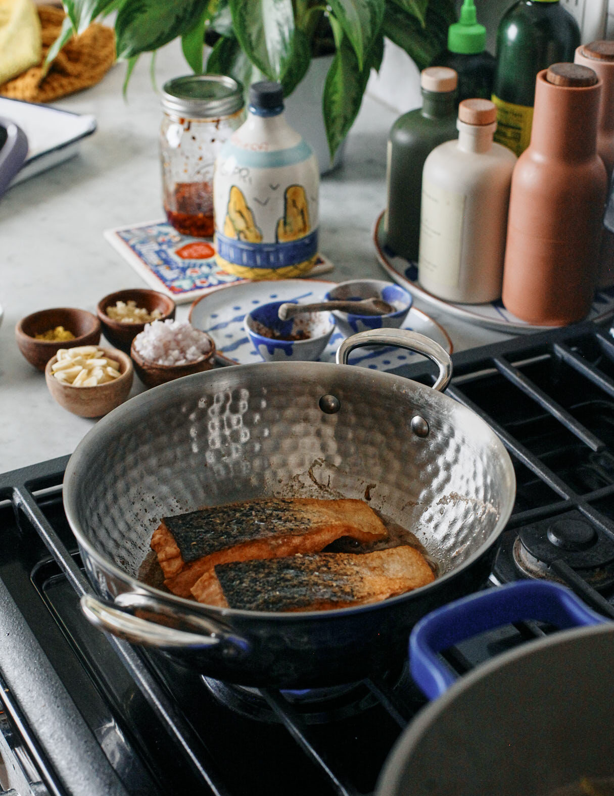 salmon searing in the pan