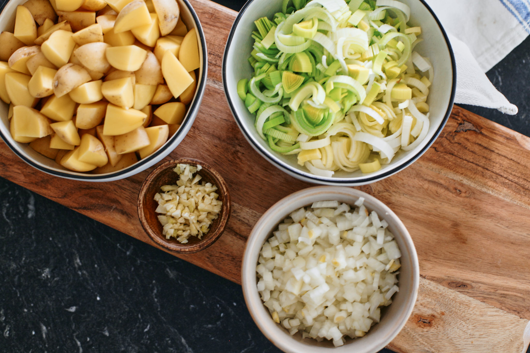 Nordic Potato Leek Soup 1 prep: chopped potato, leek, onion and garlic