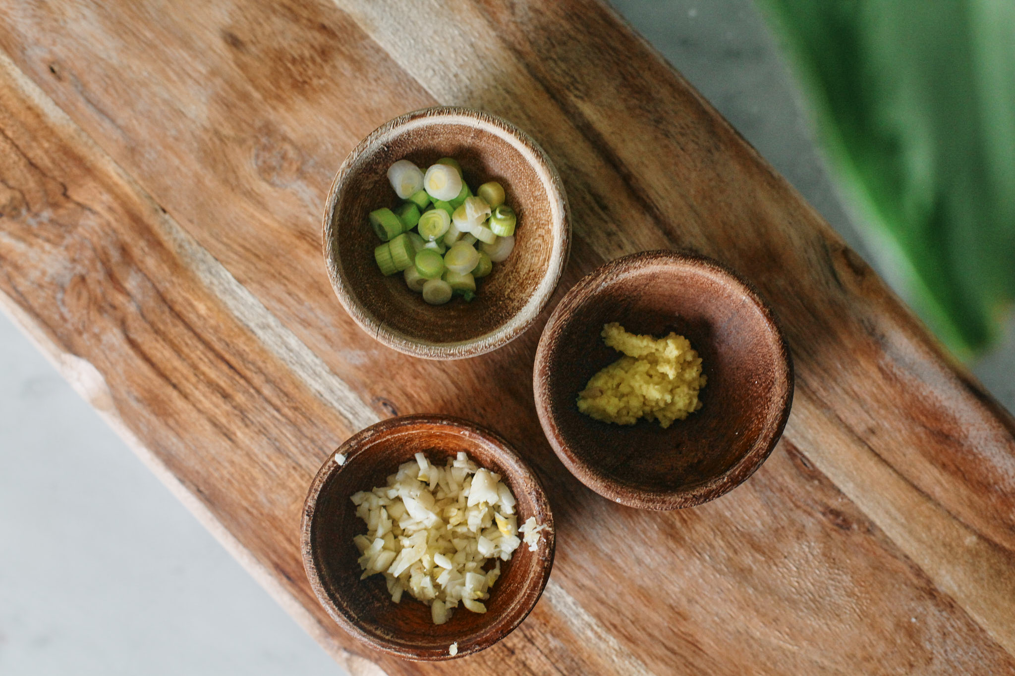 Ginger Chicken Noodle Soup 2 prep for the ginger chicken noodle soup: garlic, ginger, green onion