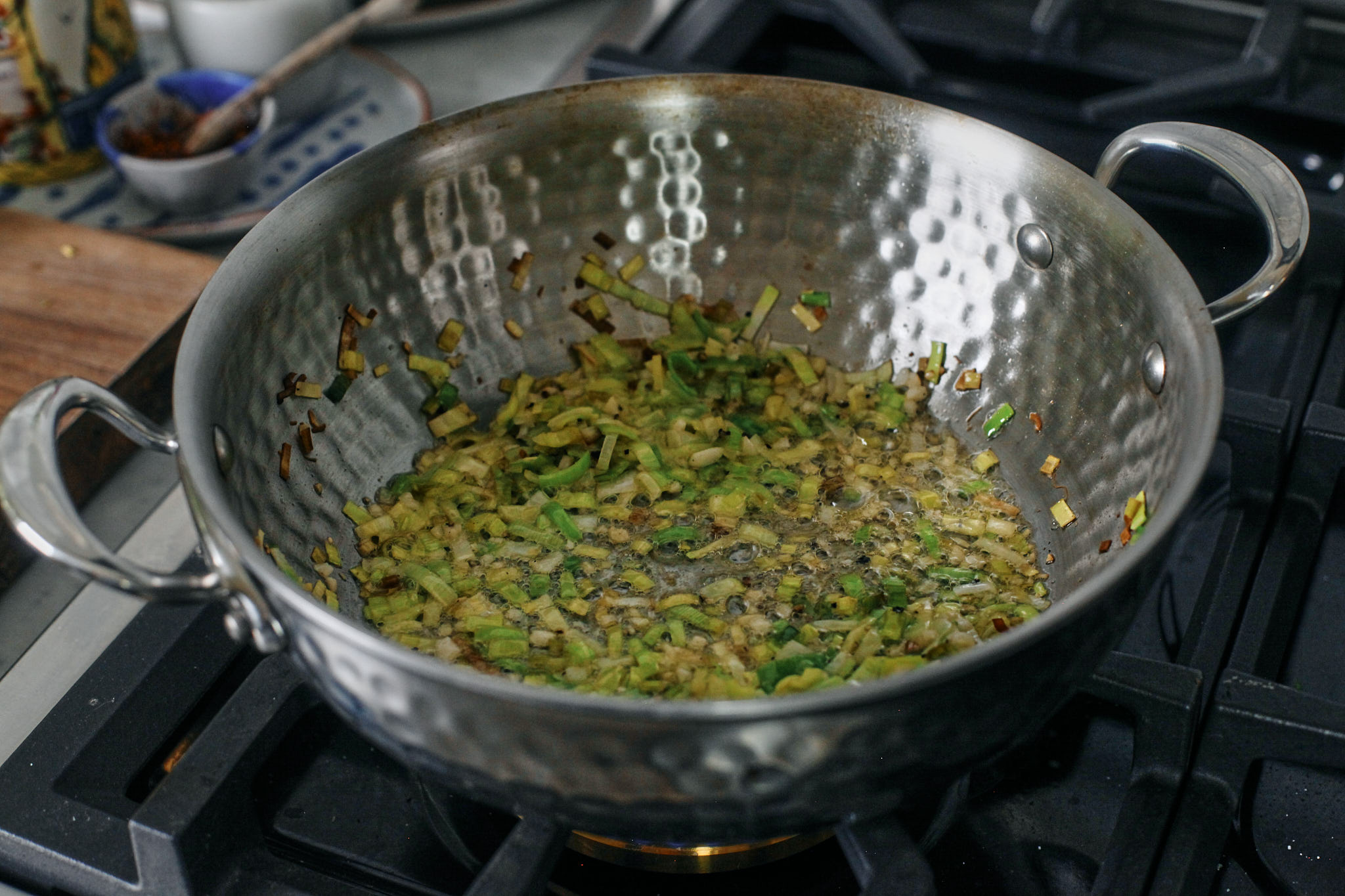 Spring Pea Pasta 3 sautées chopped leeks and garlic