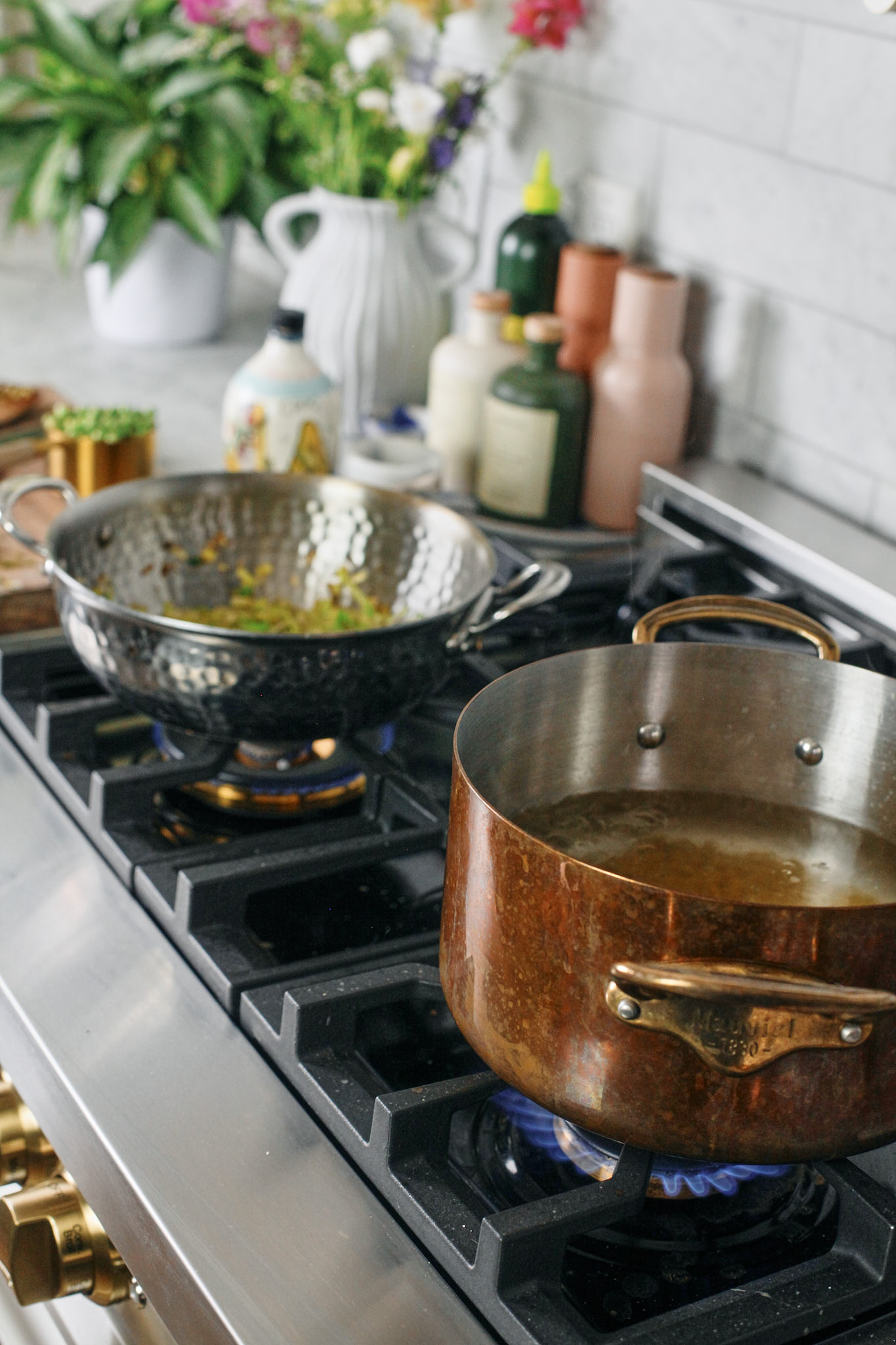 Spring Pea Pasta 5 sautéeing leeks and cooking pasta
