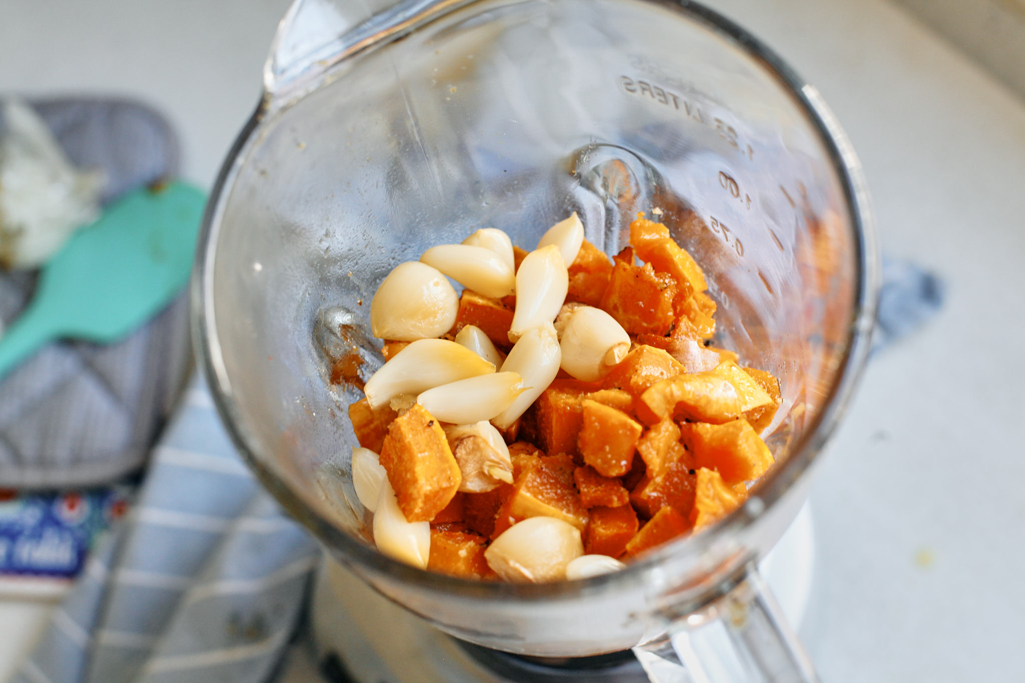 One Pot Orzo with Honeynut Squash 4 roasted butternut squash and roasted garlic ready to be blended in the blender