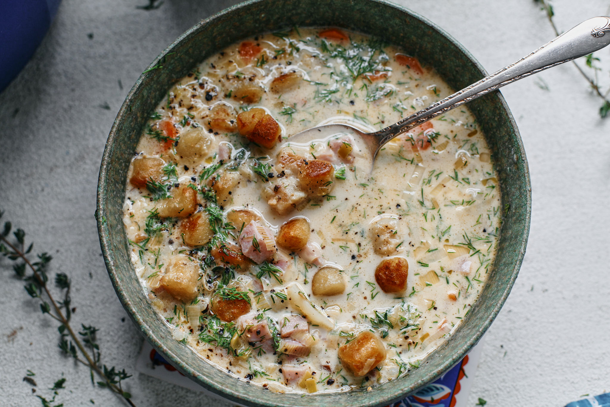crispy gnocchi ham & leek soup