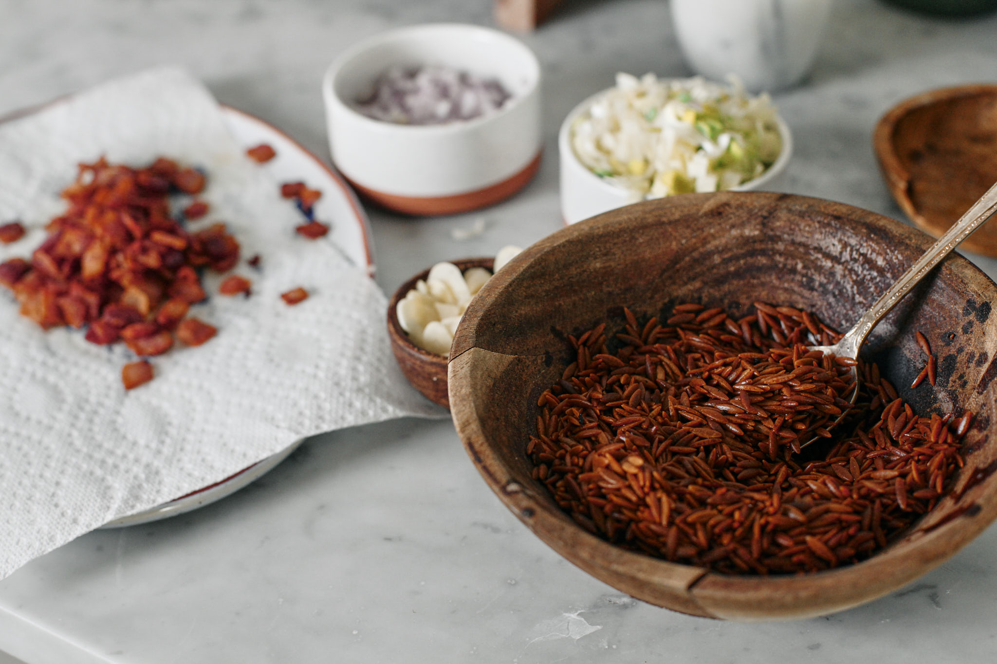 Toasted Orzo Potato Leek Soup 2 prep for the toasted orzo potato leek soup - chopped shallot, leek, garlic, bacon and crispy toasted orzo
