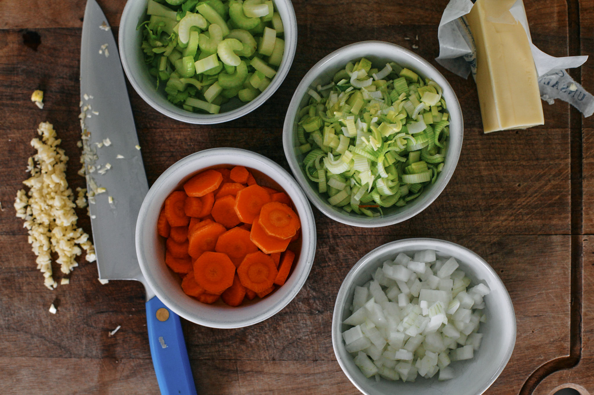 Creamy Chicken Noodle Soup 7 chopped celery, carrots, onion, leek and garlic - prep for the best creamy chicken noodle soup