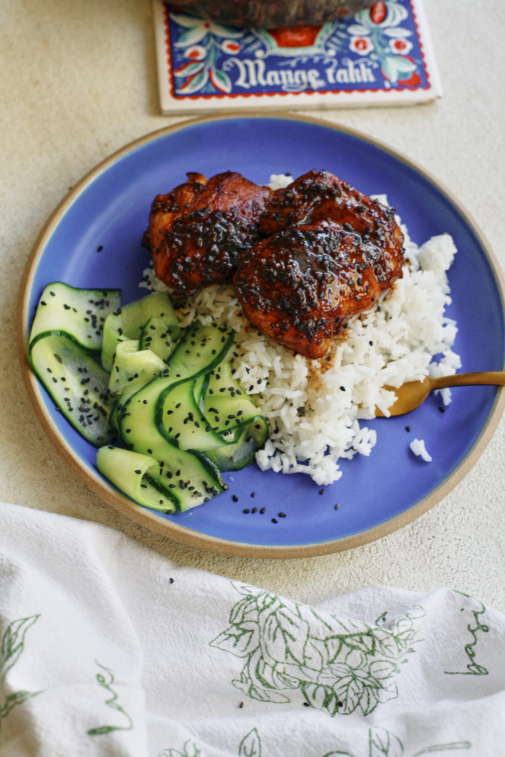 sticky sesame dijon chicken over rice with a cucumber salad sticky sesame dijon chicken over rice with a cucumber salad