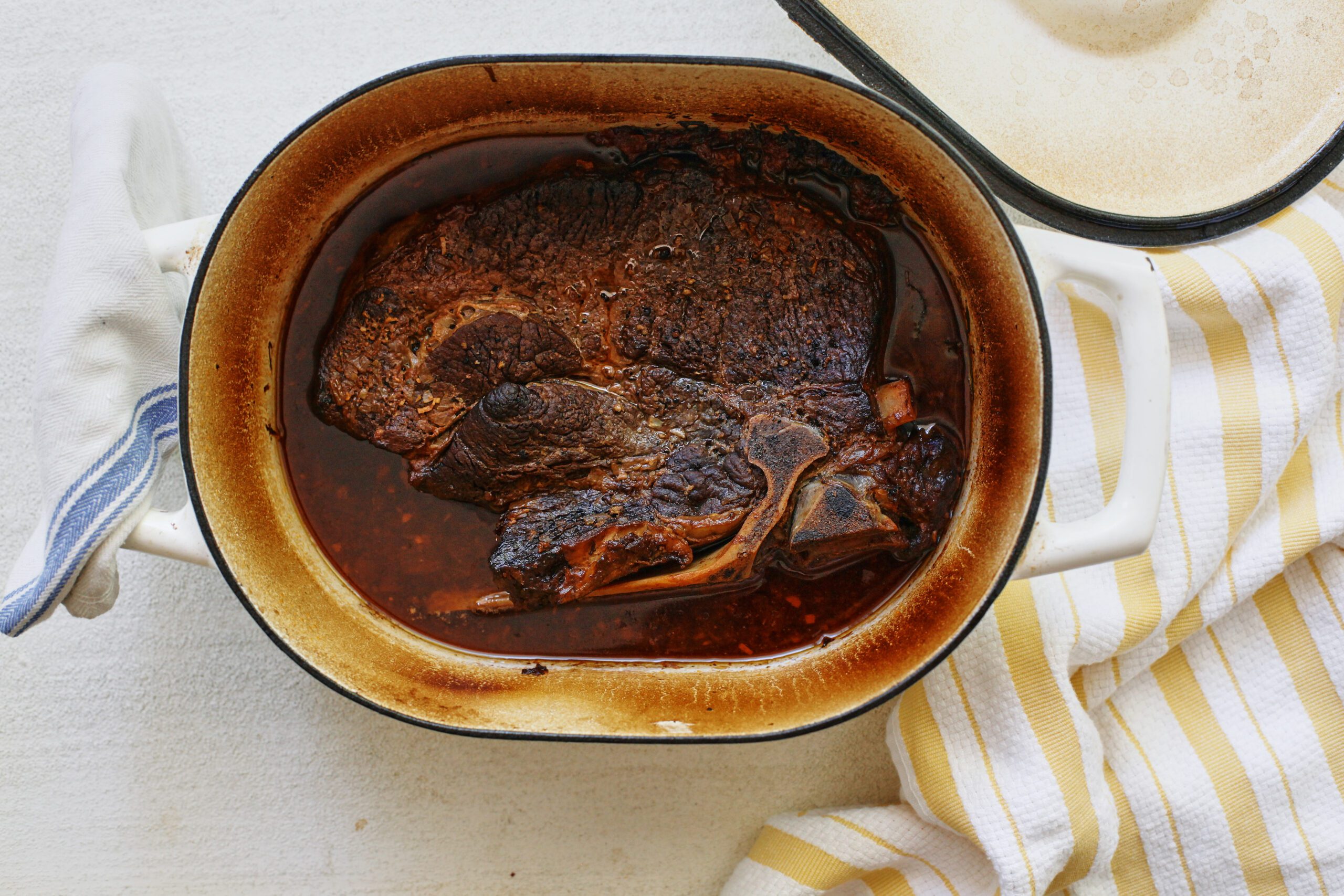 pot roast in a dutch oven, after braising in the oven