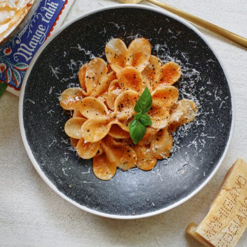 single serve tomato pasta garnished with parmesan and basil