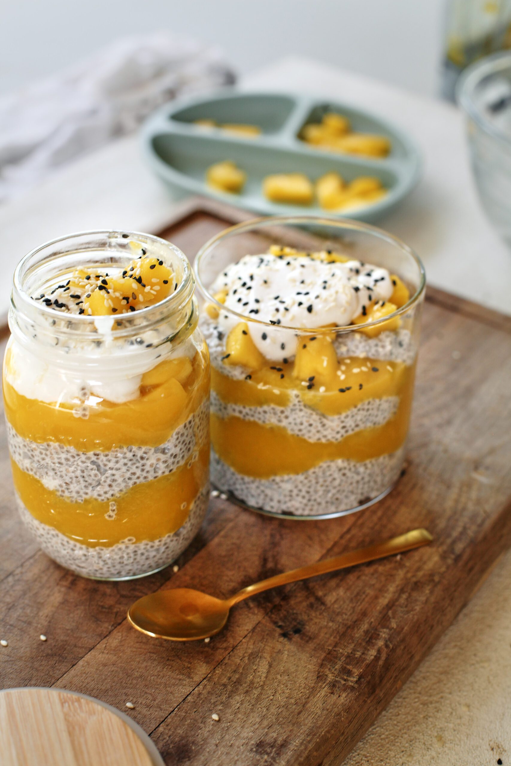 Two Jars of Mango Chia Pudding with Coconut whip
