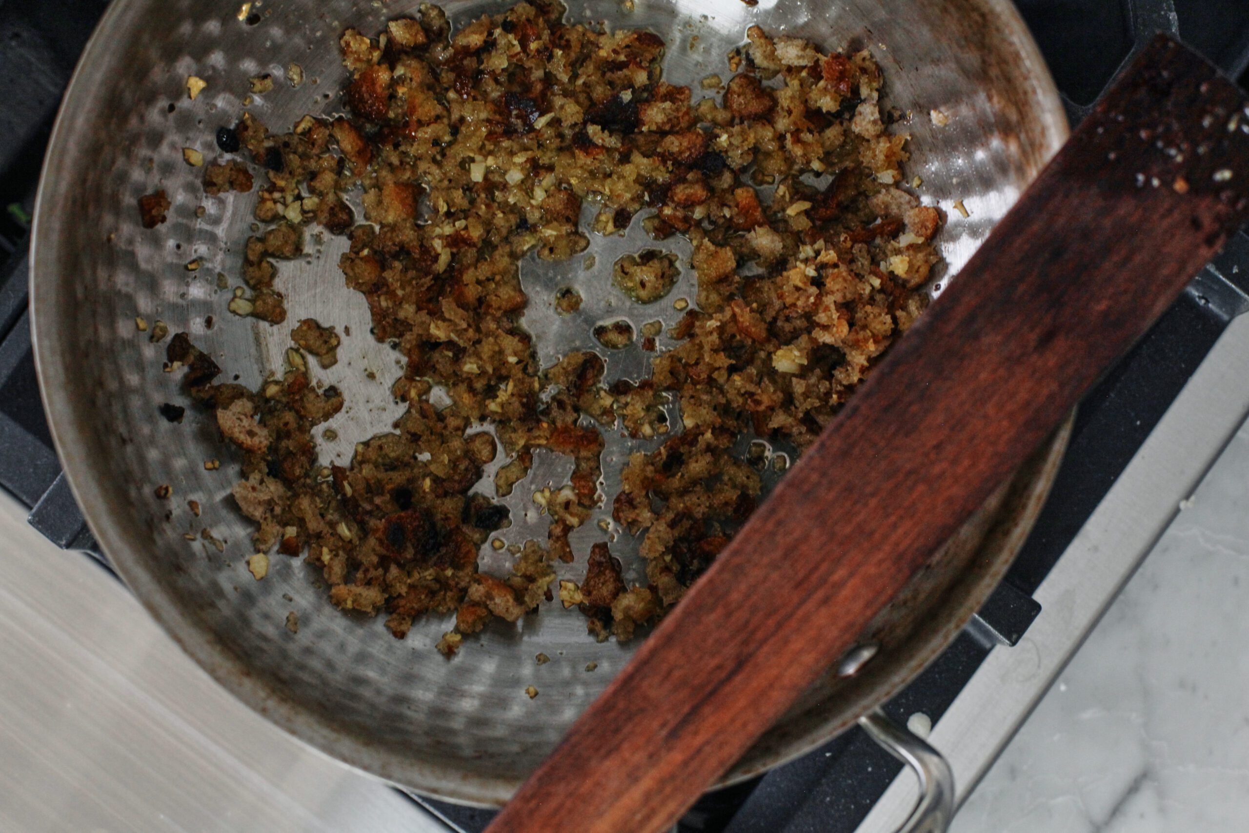 garlic lemon breadcrumbs frying in the pan