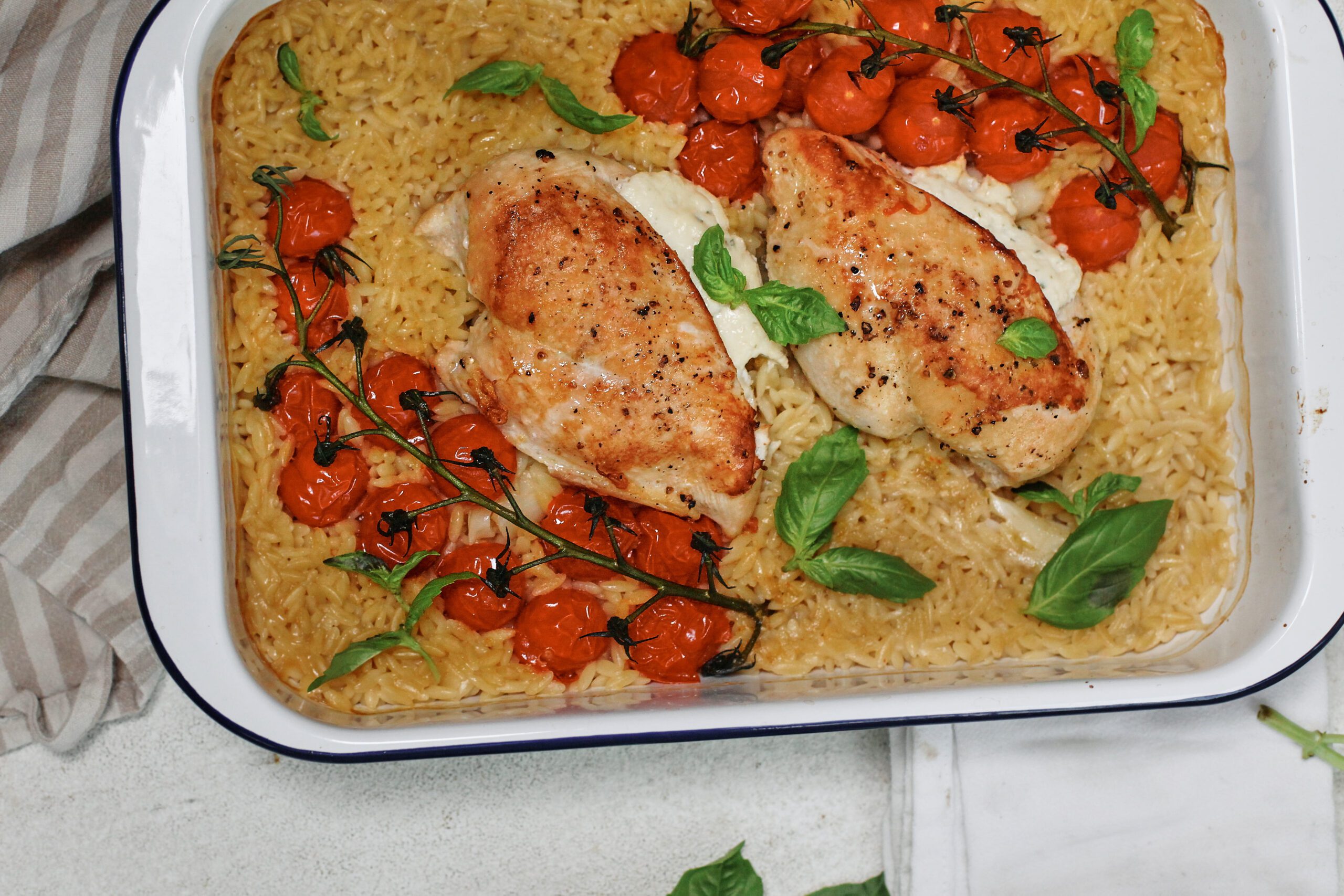 Boursin-Stuffed Chicken with Orzo and Tomatoes