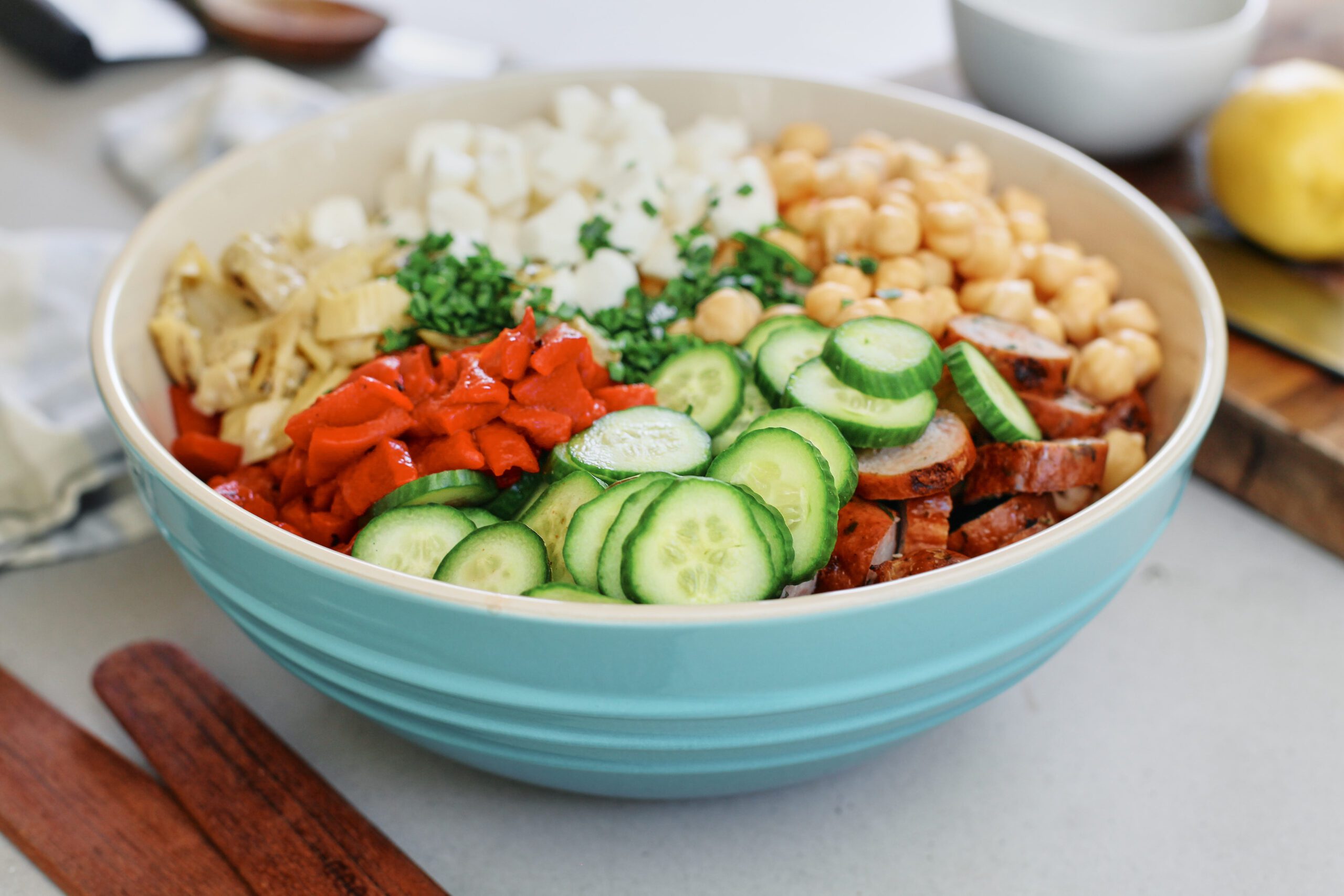 assembled high protein pasta salad in a large bowl