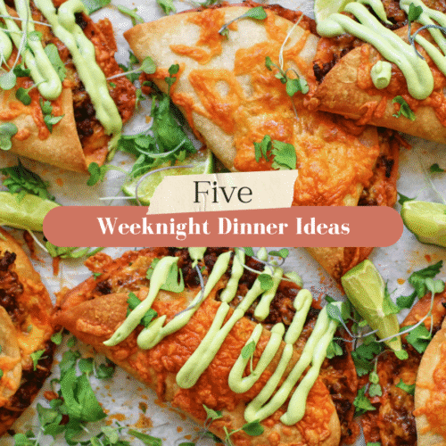 sheet pan beef tacos with avocado lime crema, with text that reads "five weeknight dinner ideas"