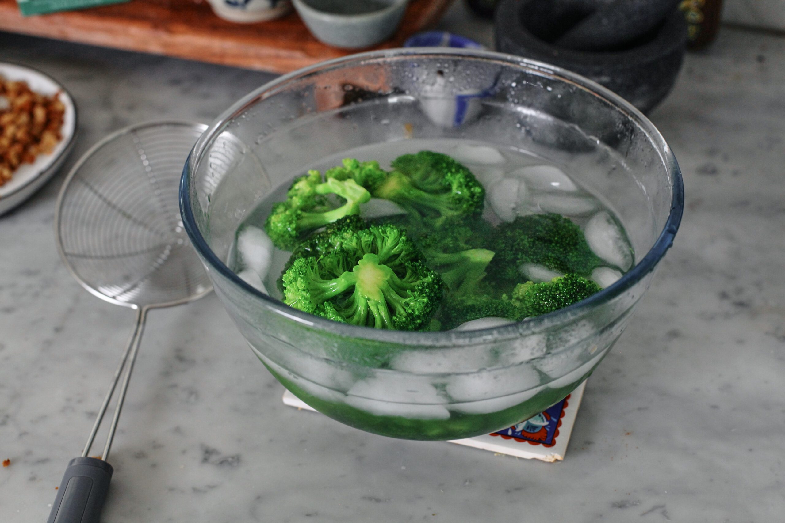 broccoli in an ice bath after blanching