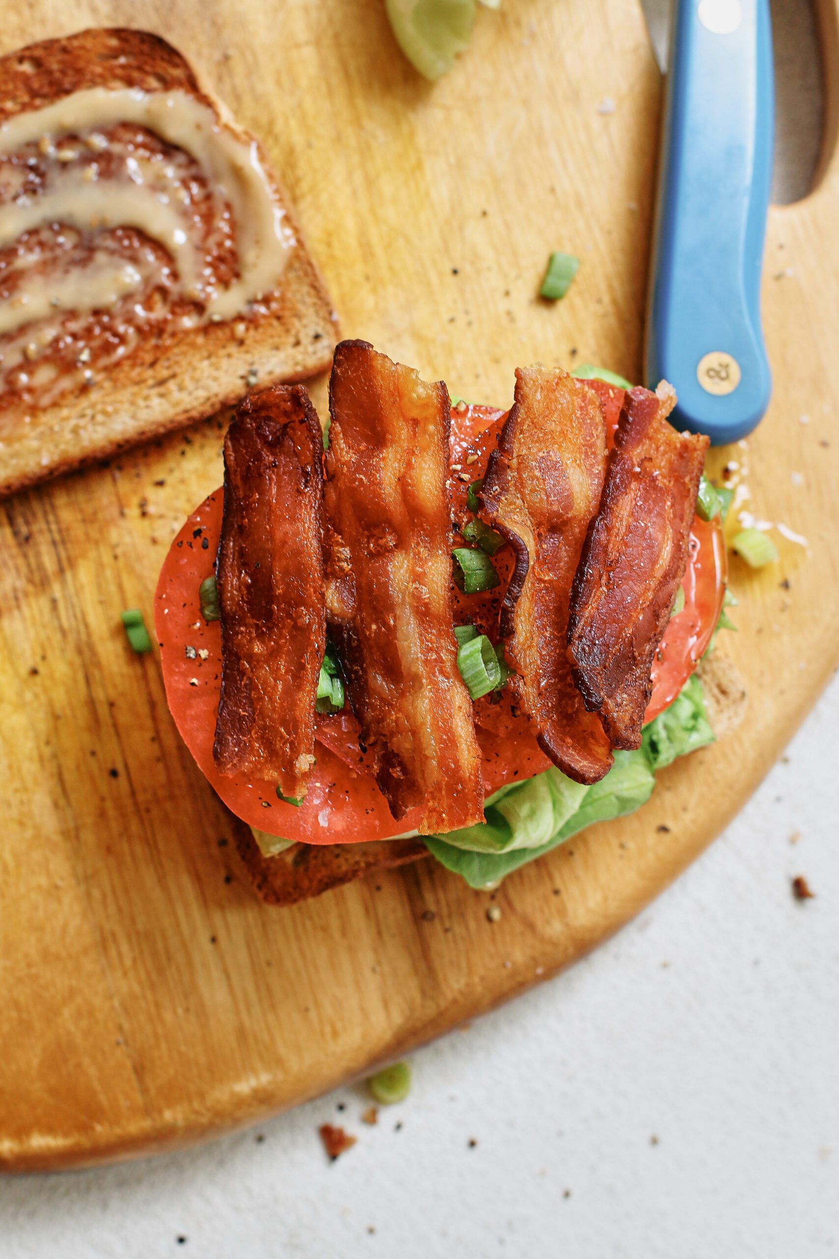 BLT sandwich assembled without the top piece of bread