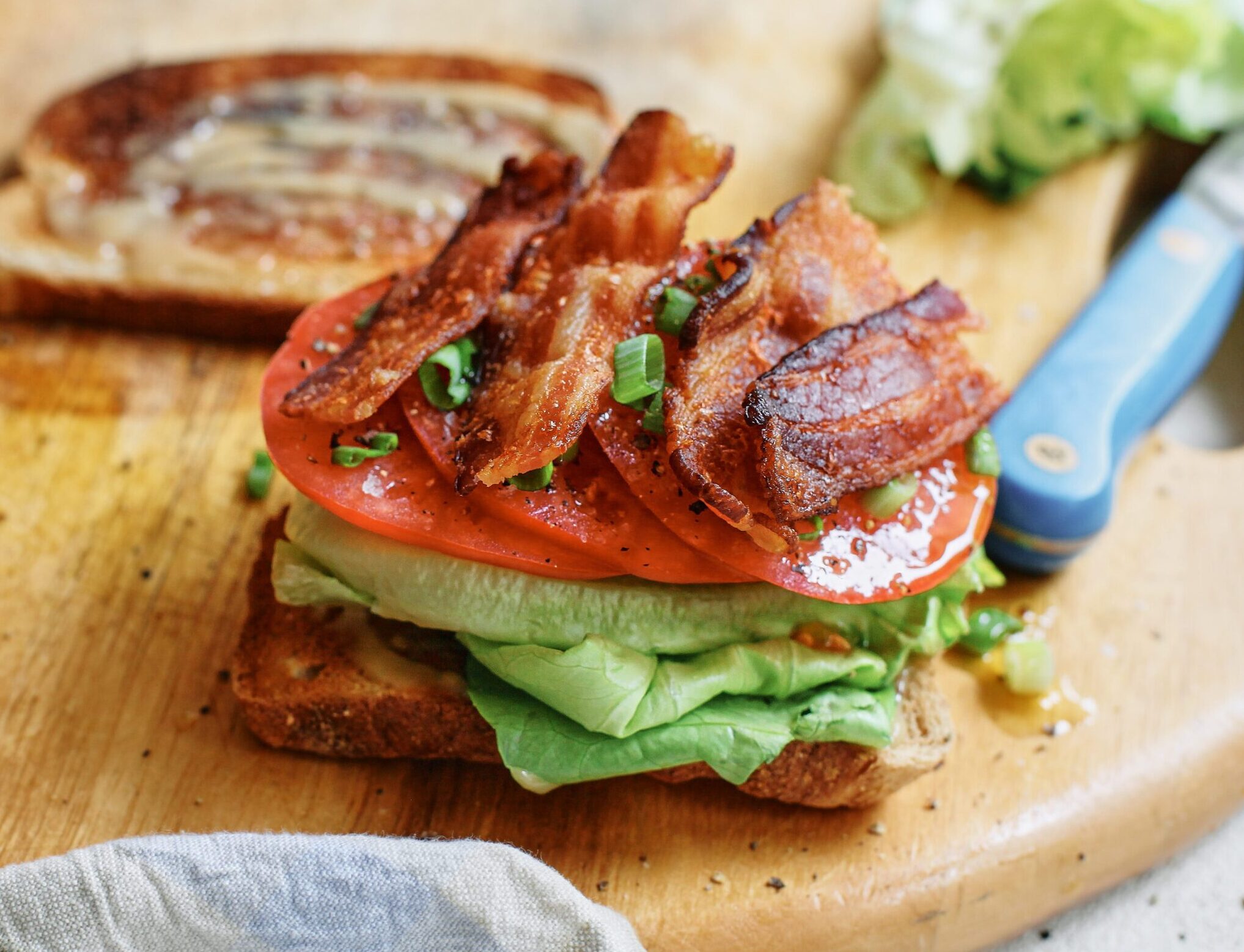 BLT sandwich assembled without the top piece of bread
