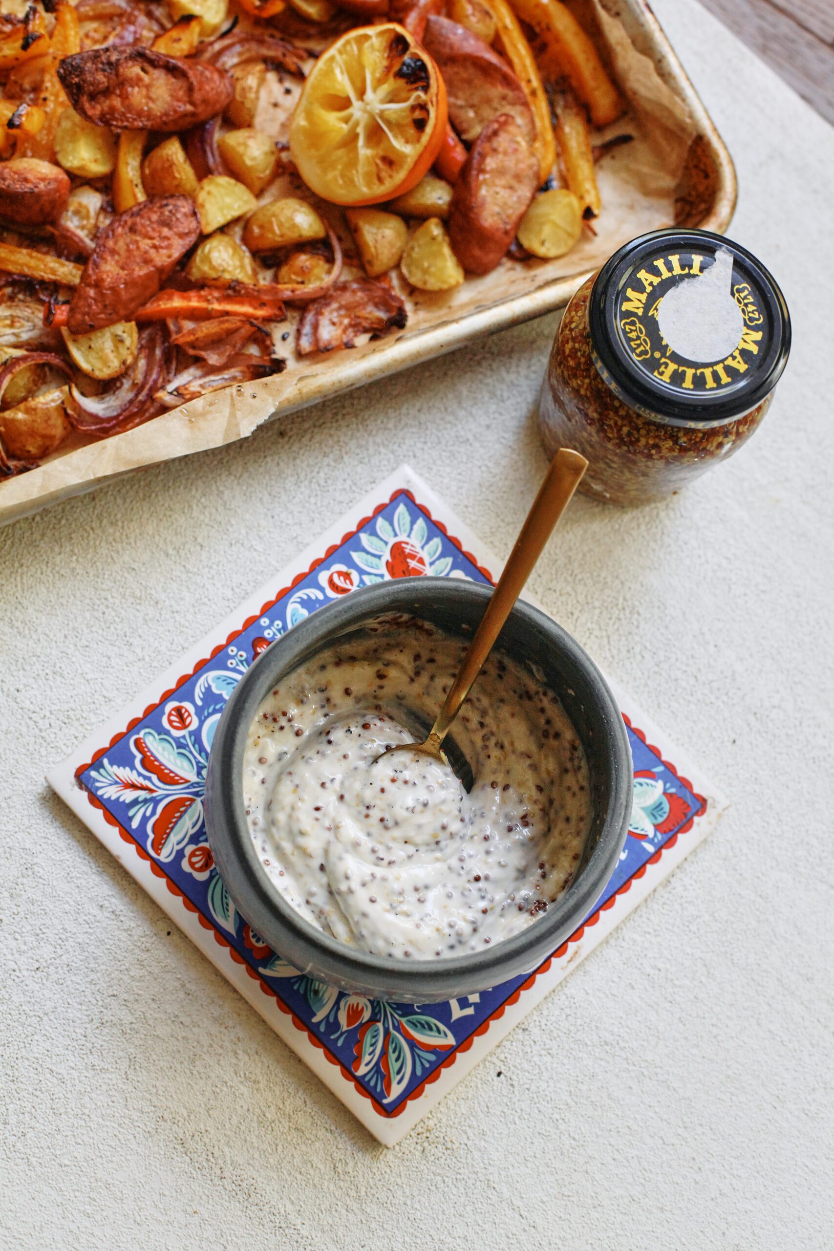 mustard sauce for sheet pan sausage, peppers, and potatoes