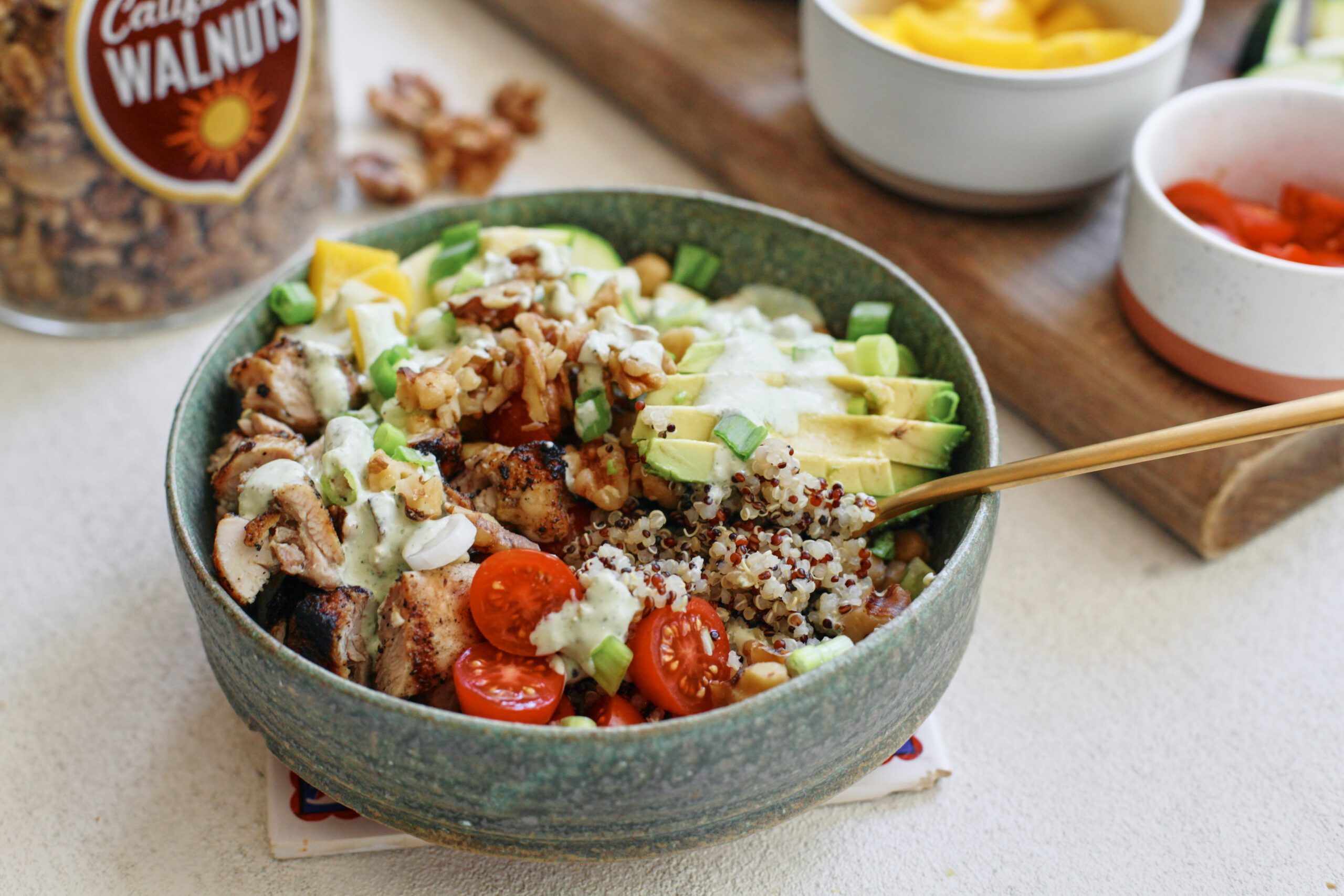 high protein grain bowl with garlic herb yogurt sauce